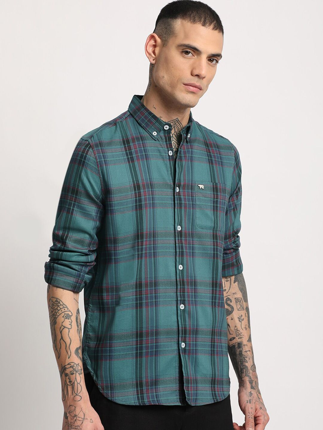 THE BEAR HOUSE Men Checked Slim Fit Button-Down Collar Casual Shirt