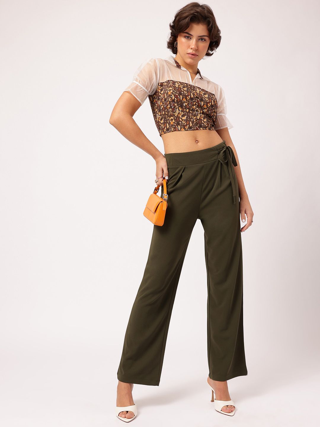 DressBerry Chic-Contrast Printed Shirt Style Net Detail Crop Top
