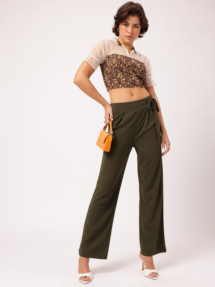 DressBerry Chic-Contrast Printed Shirt Style Net Detail Crop Top