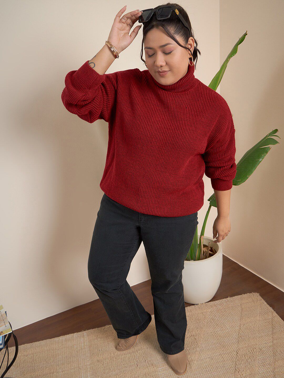 CURVY STREET Plus Size Ribbed Turtle Neck Pure Acrylic Pullover