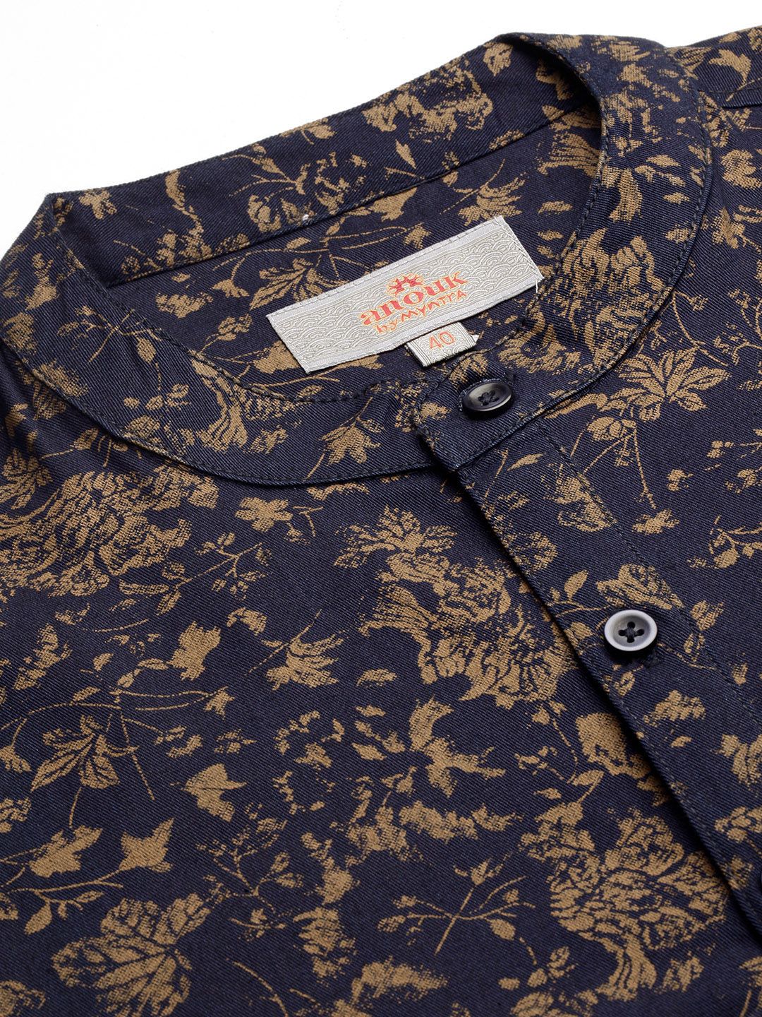 Anouk Men Navy Blue & Beige Floral Dicetak Lurus Pendek Kurta
