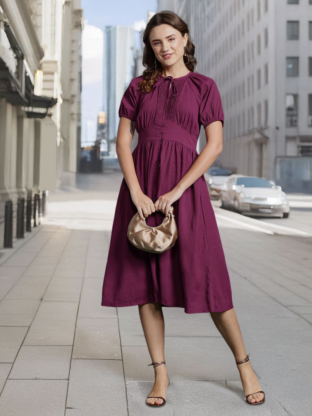 DressBerry Tie-Up Neck Puff Sleeve Fit & Flare Dress