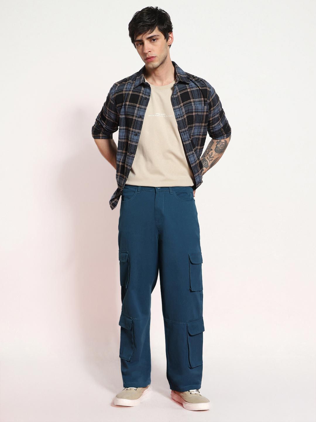 Urbano Fashion Men Denim Blue Stretchable Loose Fit Cargo Chino Pant with 8 Pockets