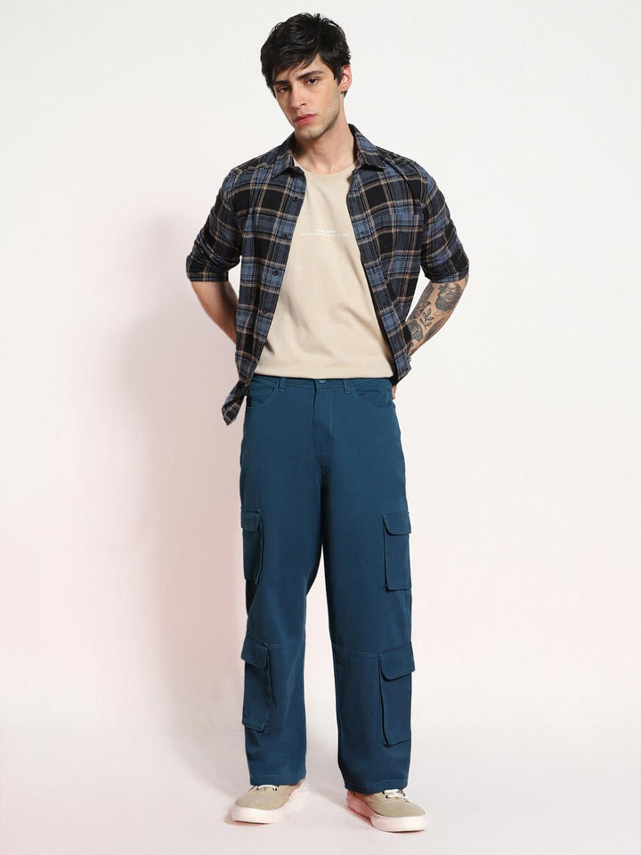 Urbano Fashion Men Denim Blue Stretchable Loose Fit Cargo Chino Pant with 8 Pockets