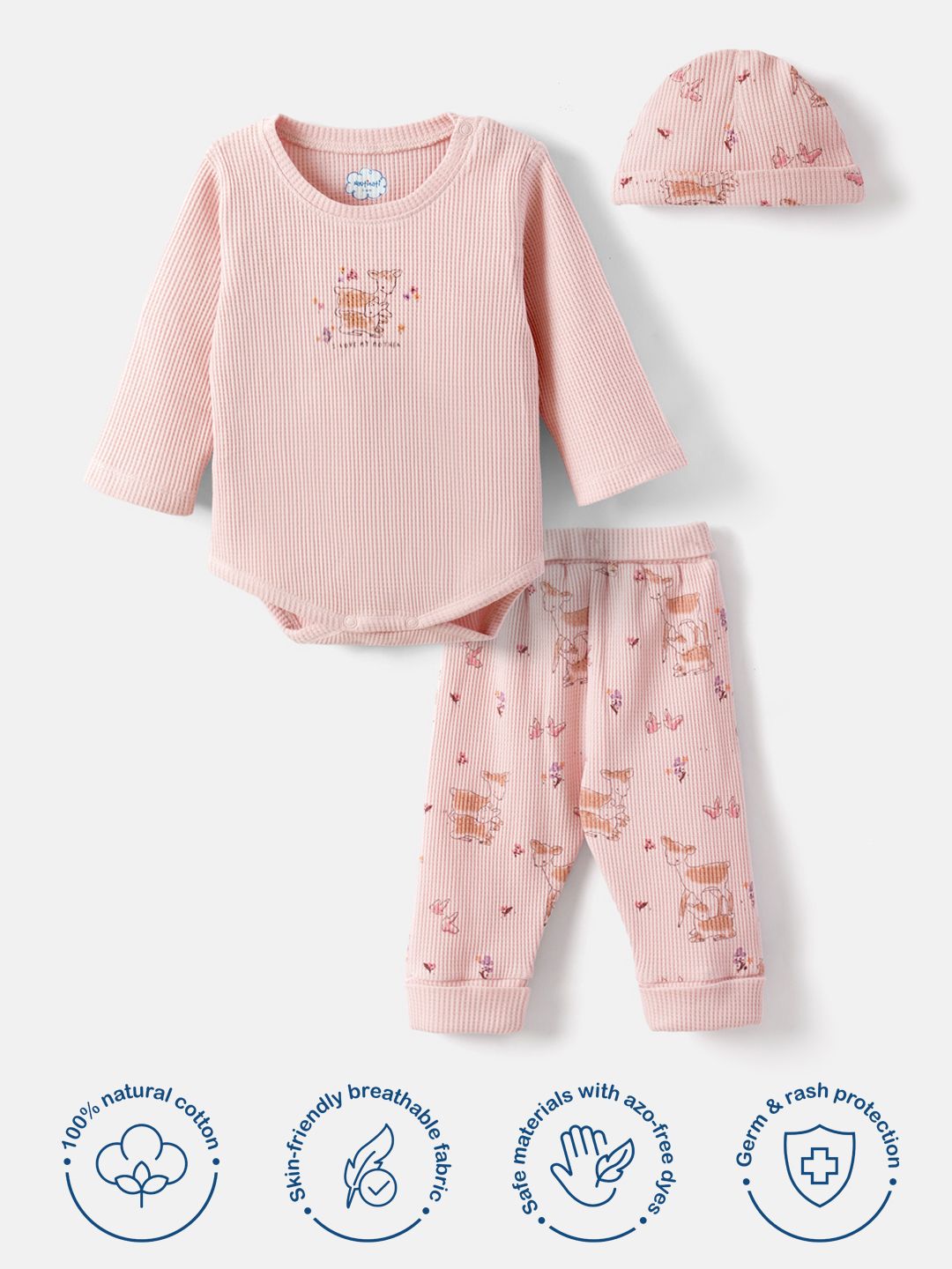 Nauti Nati Infants Girls Printed Pure Cotton Bodysuit With Joggers & Cap