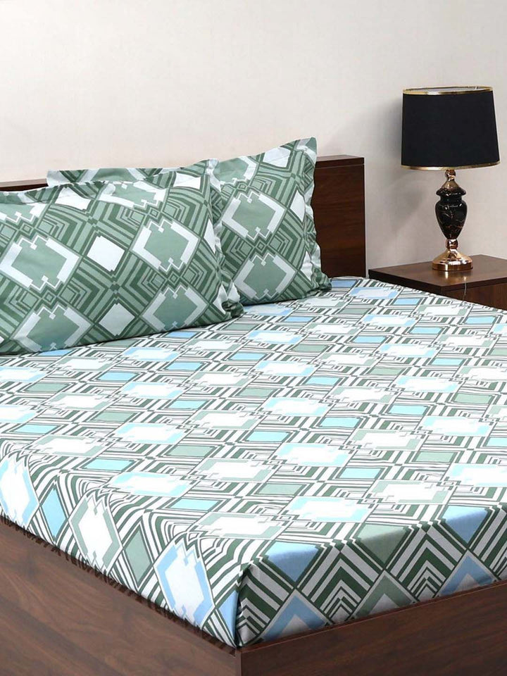 BOMBAY DYEING Aster Olive Green Floral 100 TC Cotton Queen Bedsheet Set-2.24 m X 2.44 m