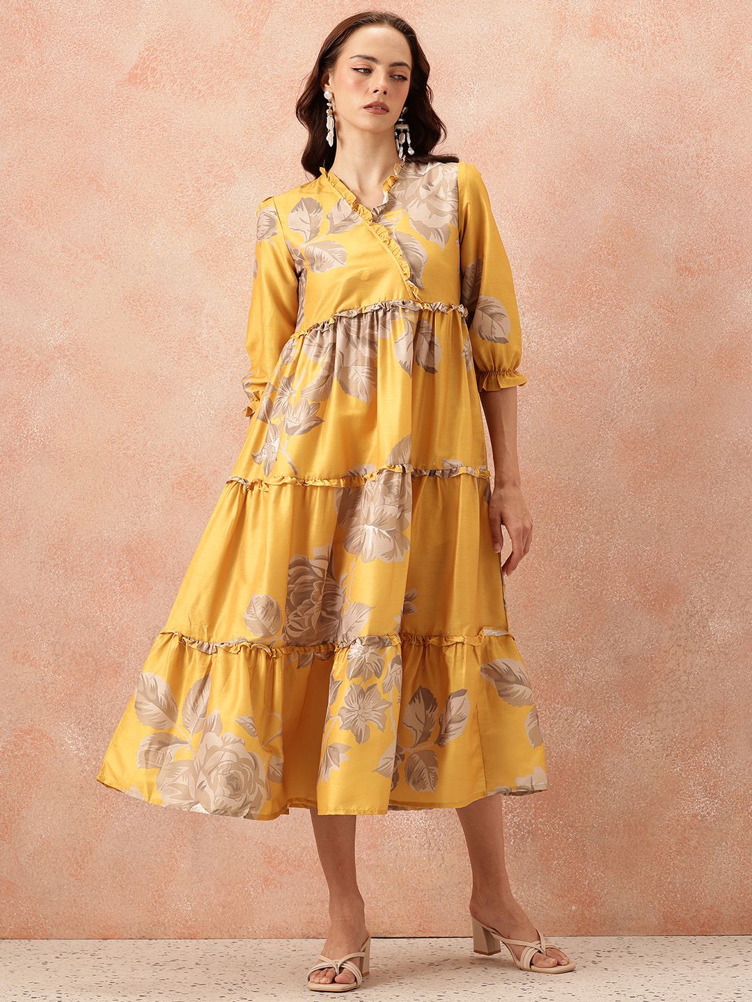 all about you Floral Printed Ruffled Detail Tiered Wrap-Style Midi Fit & Flare Dress