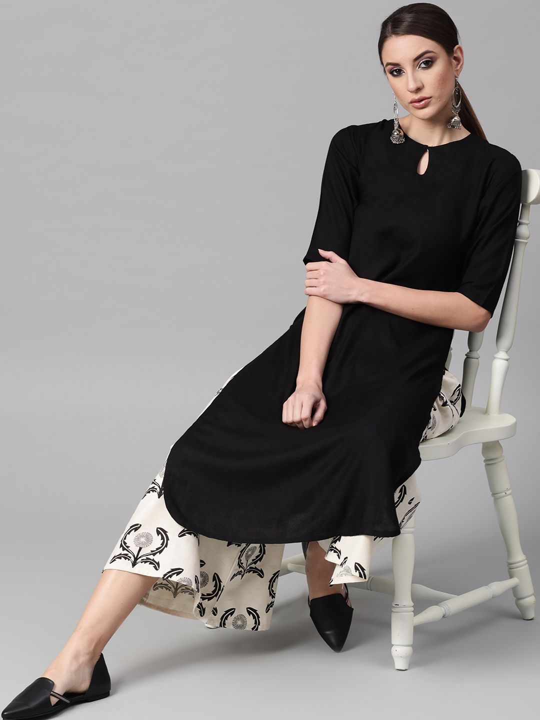 Gerua By Libas Women Black  Off-White Solid Kurta with Palazzos