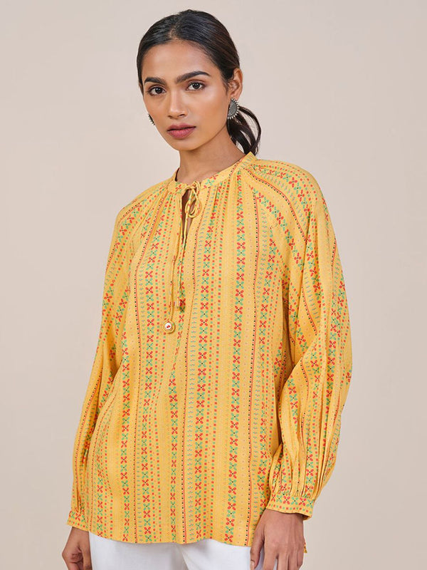 Global Desi Women Mustard Viscose Rayon Print Tie-Up Neck long Sleeves Top