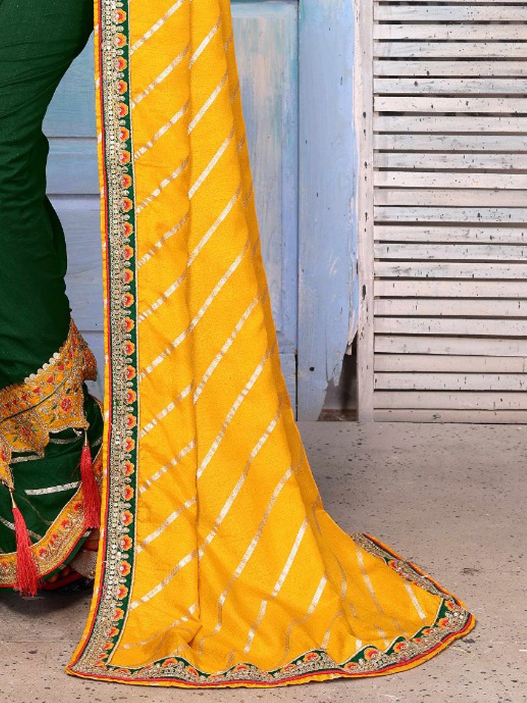Saree mall Striped Sequinned Silk Blend Yellow Sarees