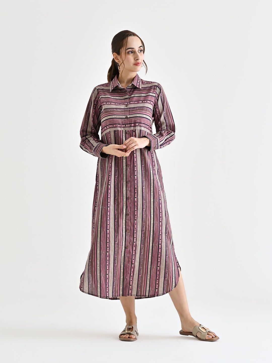 Rustorange Women Striped Cotton Shirt Collar Shirt Midi Dress