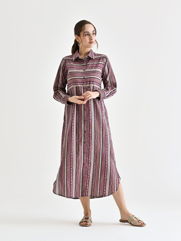 Rustorange Women Striped Cotton Shirt Collar Shirt Midi Dress