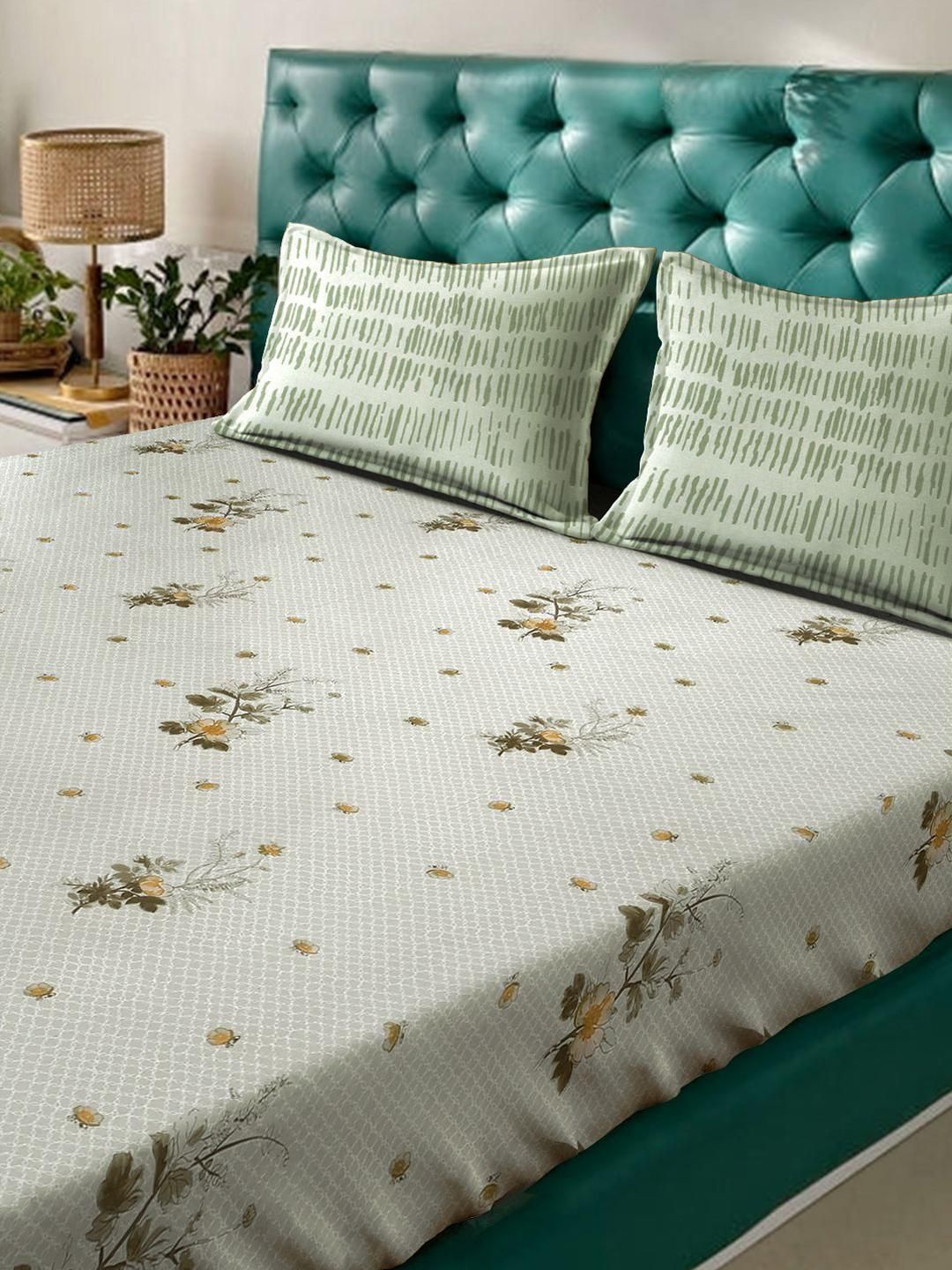 KLOTTHE Green & White Floral Pure Cotton 400 TC Fitted Double King Bedsheet Set-2.5mX2.25m