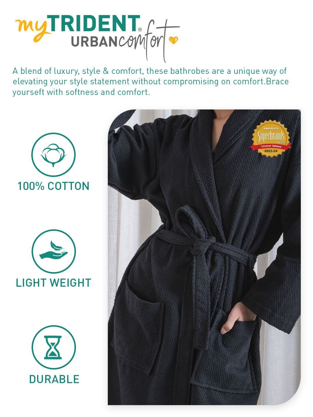 MYTRIDENT Blue 240 GSM Pure Cotton Bath Robe