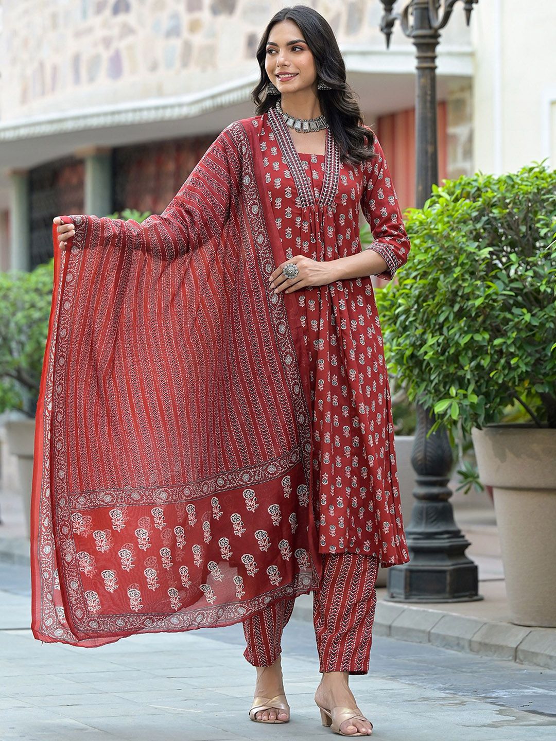 KALINI Floral Printed V-Neck Thread Work A-Line Kurta With Trousers & Dupatta