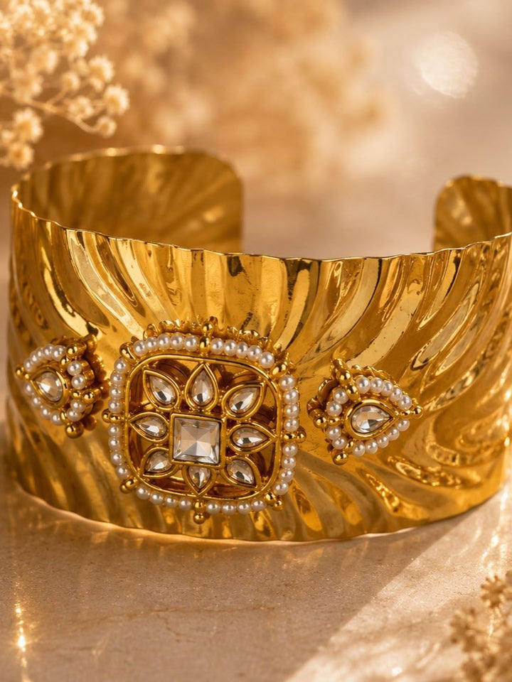 PANASH Gold-Plated Artificial Stones Studded Cuff Bracelet