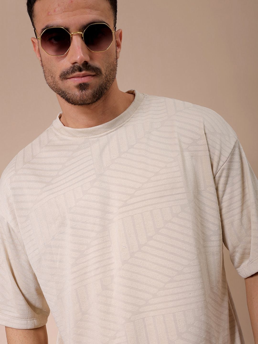 The Indian Garage Co Men Self Design Round Neck Oversized T-shirt