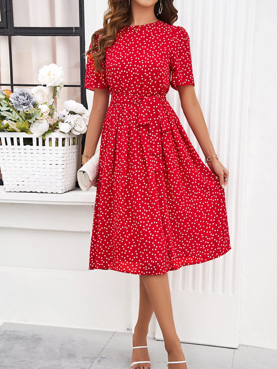 all about you Polka Dot Print Puff Sleeves Fit & Flare Dress