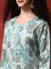 Anouk Blue & Off White Floral Printed Round Neck Straight Kurta & Trousers