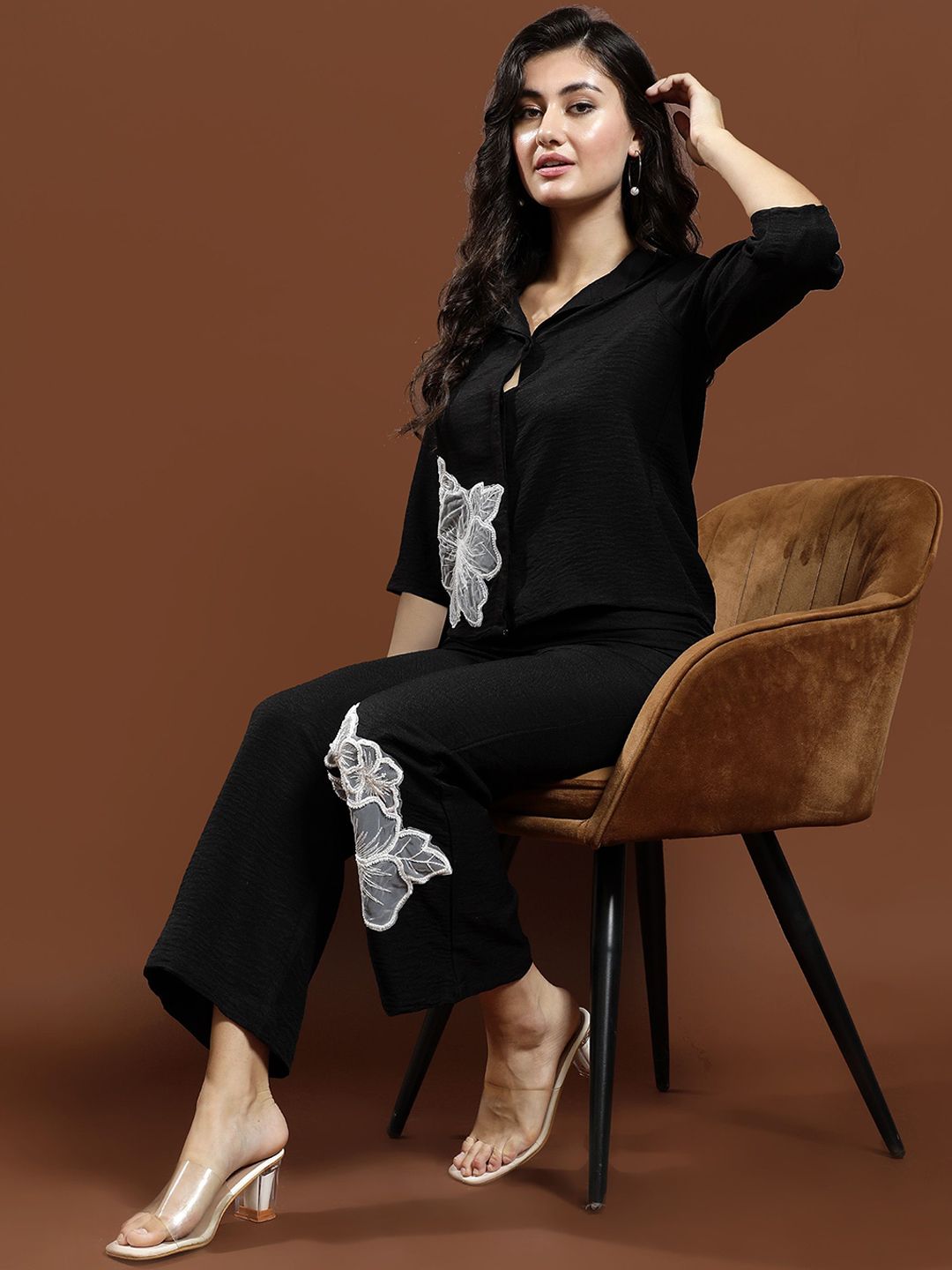 Athena Floral Embellished Patchwork Linen Shirt & Trousers