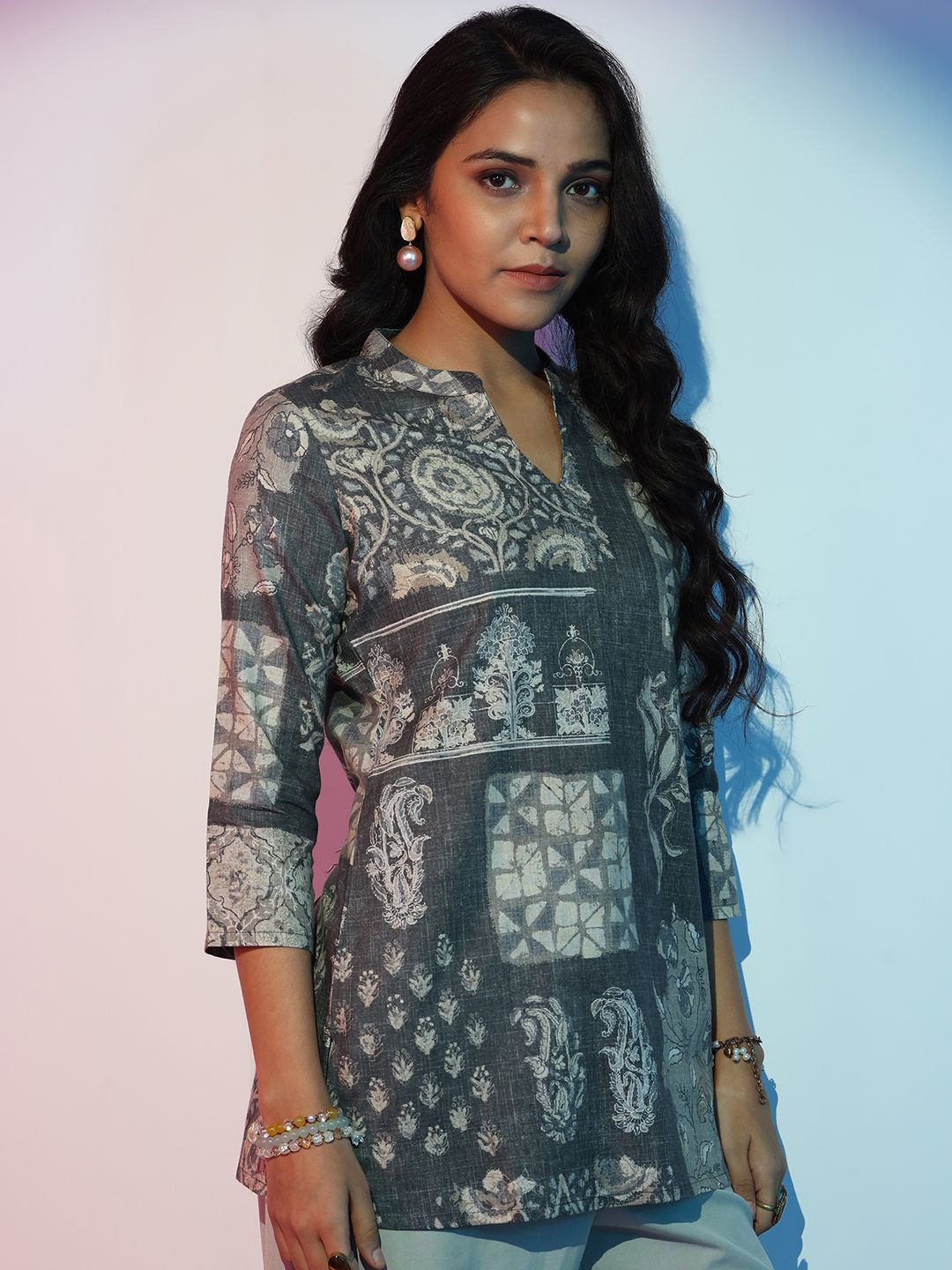Libas Women Ethnic Printed Mandarin Collar Linen Kurti