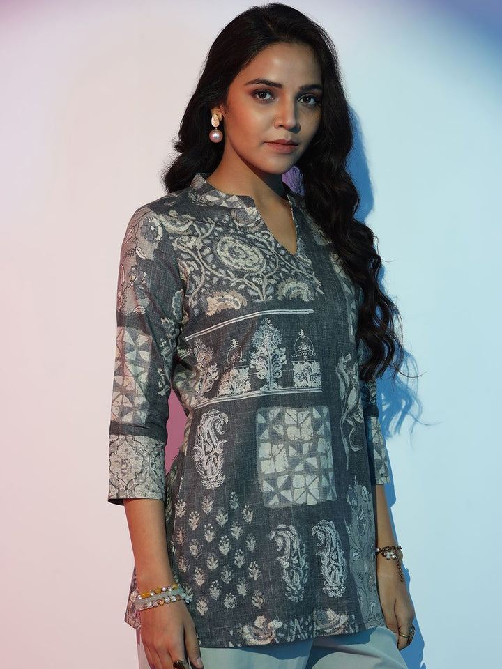 Libas Women Ethnic Printed Mandarin Collar Linen Kurti