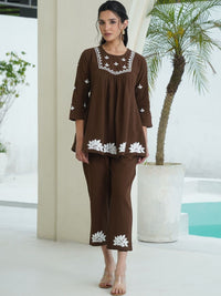House of Chikankari Brown 2 Keping Cotton Solid Tunic dengan Set Co-Ord Seluar