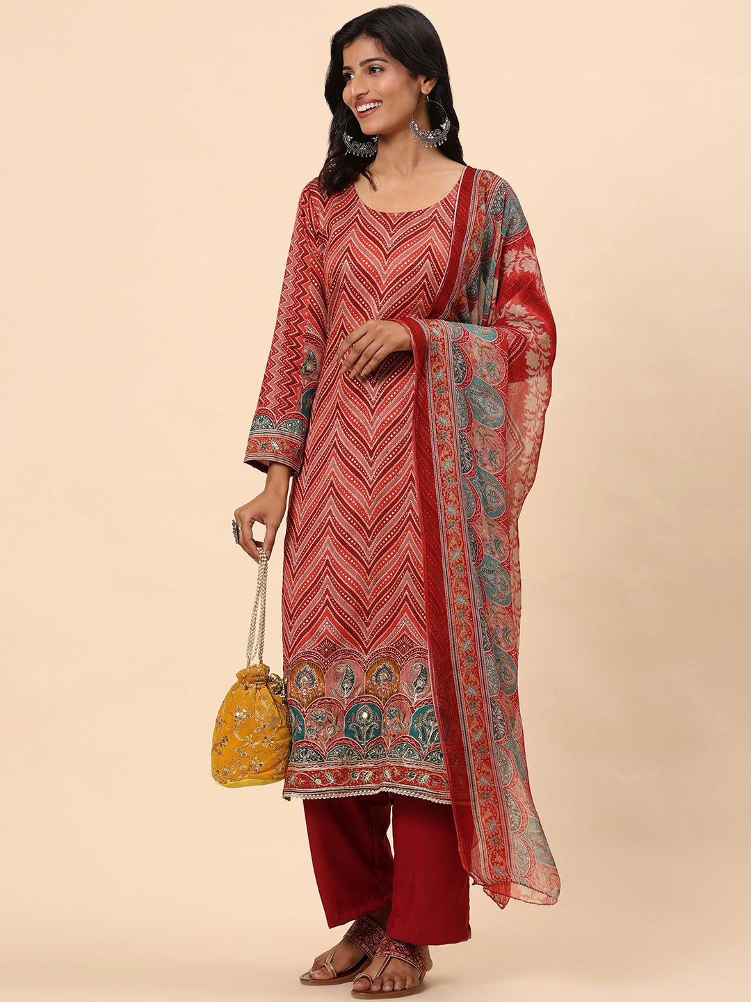 Mamicha Wanita Bercetak Kurta Kapas Tulen Biasa dengan Seluar & Dengan Dupatta