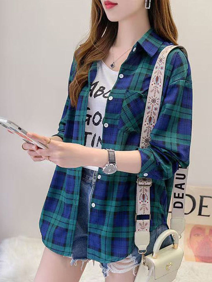 DressBerry Women Oversized Fit Tartan Checked Spread Collar Casual Shirt