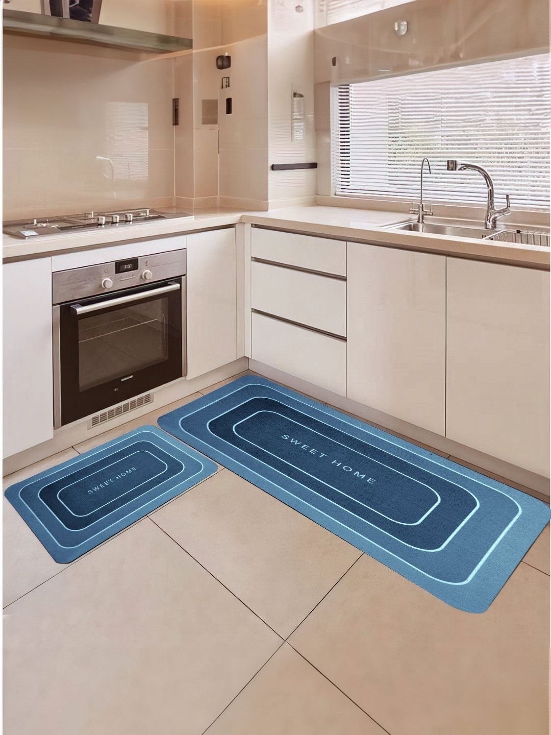 Cortina Blue 2 Pieces Printed Rectangular Anti-Skid Kitchen Mats