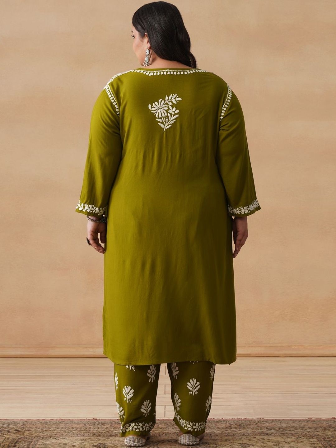 House of Chikankari Women Solid Olive 2 Keping Kurta Biasa dengan Set Seluar