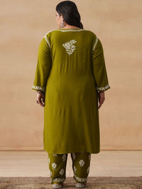 House of Chikankari Women Solid Olive 2 Pieces Regular Kurta with Trousers Set