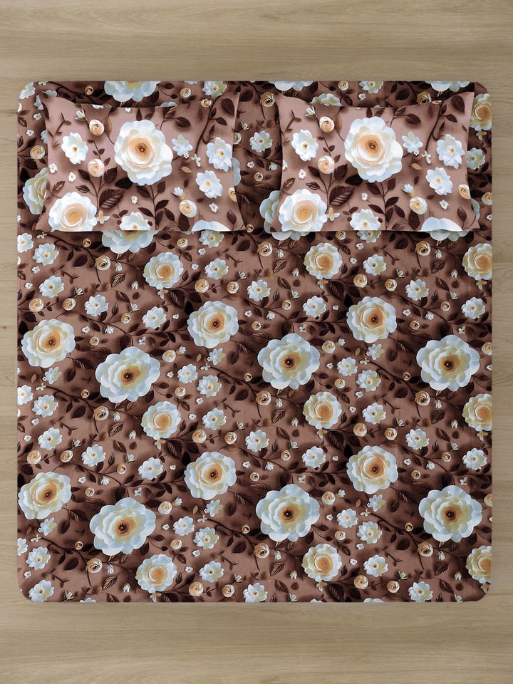 Myntra Elegant Brown Floral 300 TC King 7D Bedsheet with 2 Pillow Covers
