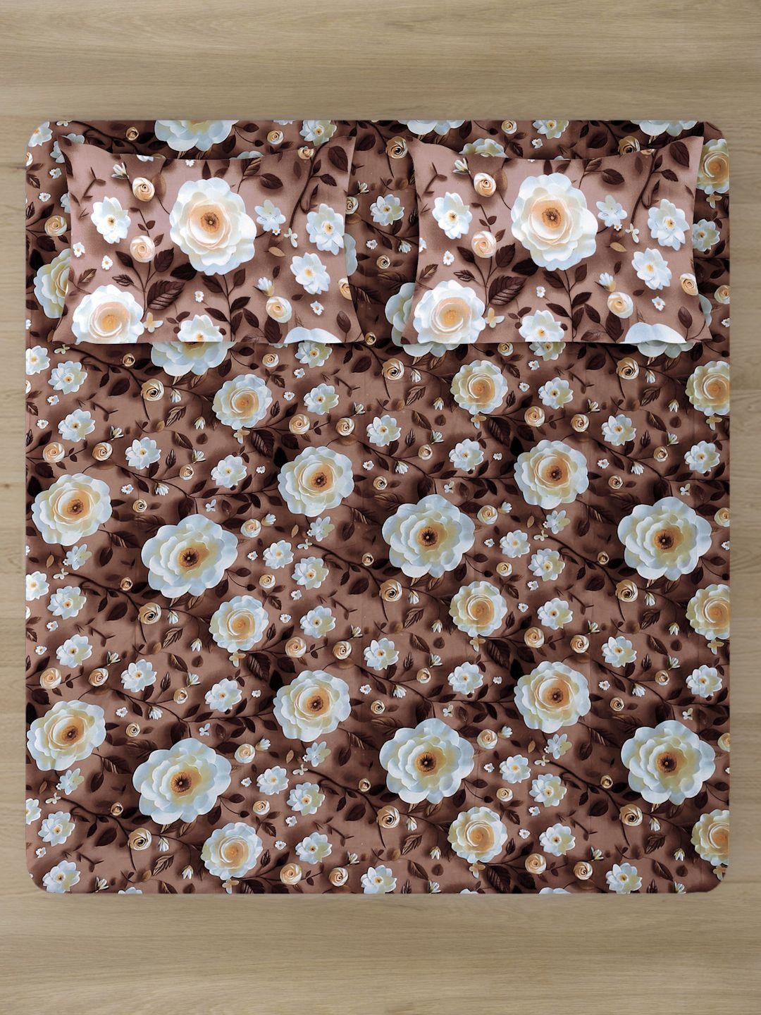 Myntra Elegant Brown Floral 300 TC King 7D Bedsheet with 2 Pillow Covers