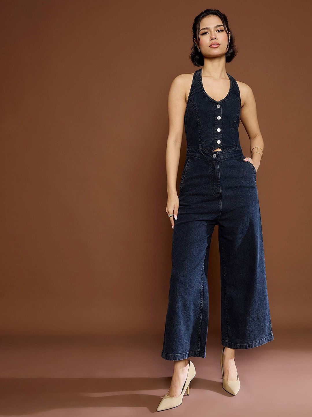 Sassafras wanita kapas halter leher jumpsuit asas