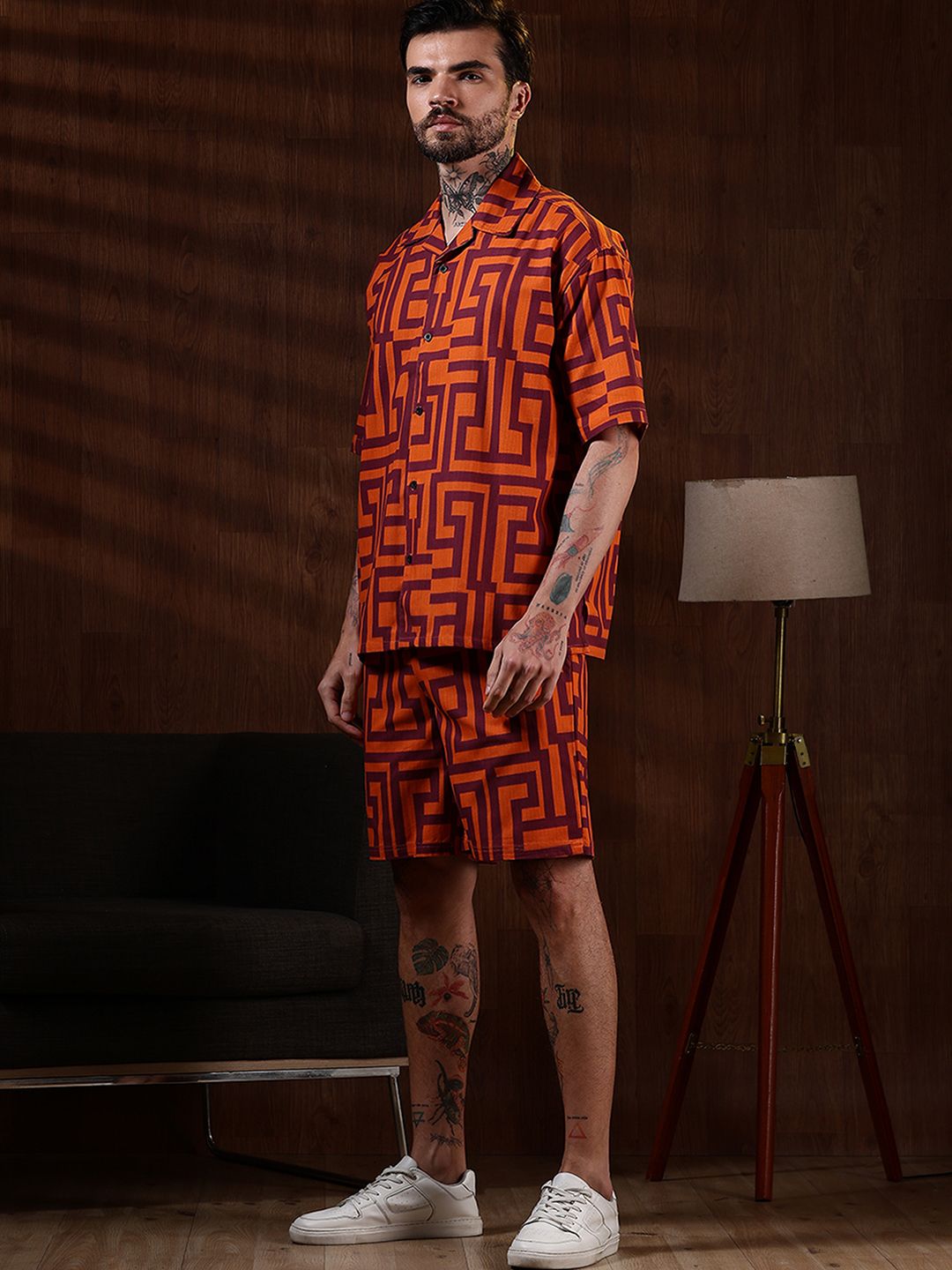 Eszett Geometric Printed Spread Collar Pure Cotton Shirt With Shorts Co-Ord Set