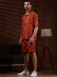Eszett Geometric Printed Spread Collar Pure Cotton Shirt With Shorts Co-Ord Set