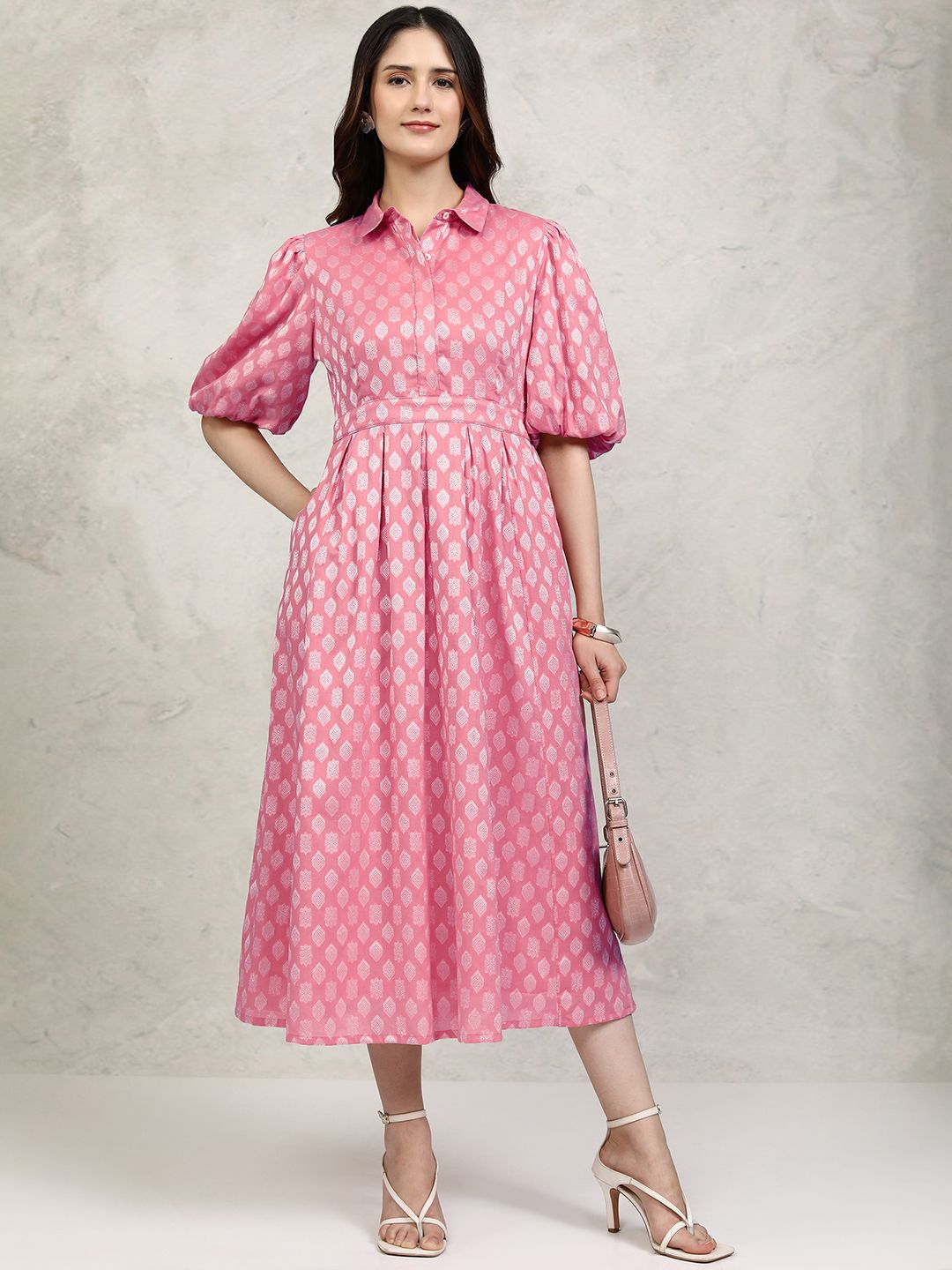 Vishudh Ethnic Motifs Cotton Puff Sleeve Shirt Midi Dress