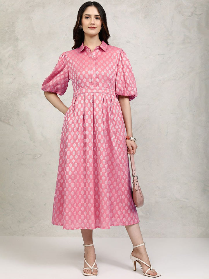 Vishudh Ethnic Motifs Cotton Puff Sleeve Shirt Midi Dress