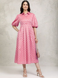 Vishudh Ethnic Motifs Cotton Puff Sleeve Shirt Midi Dress