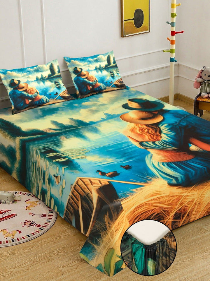 KLOTTHE Biru & Coklat Bercetak 400 TC Cadar Katil Double Dengan 2 Sarung Bantal-98.4 x 88.5 Inci