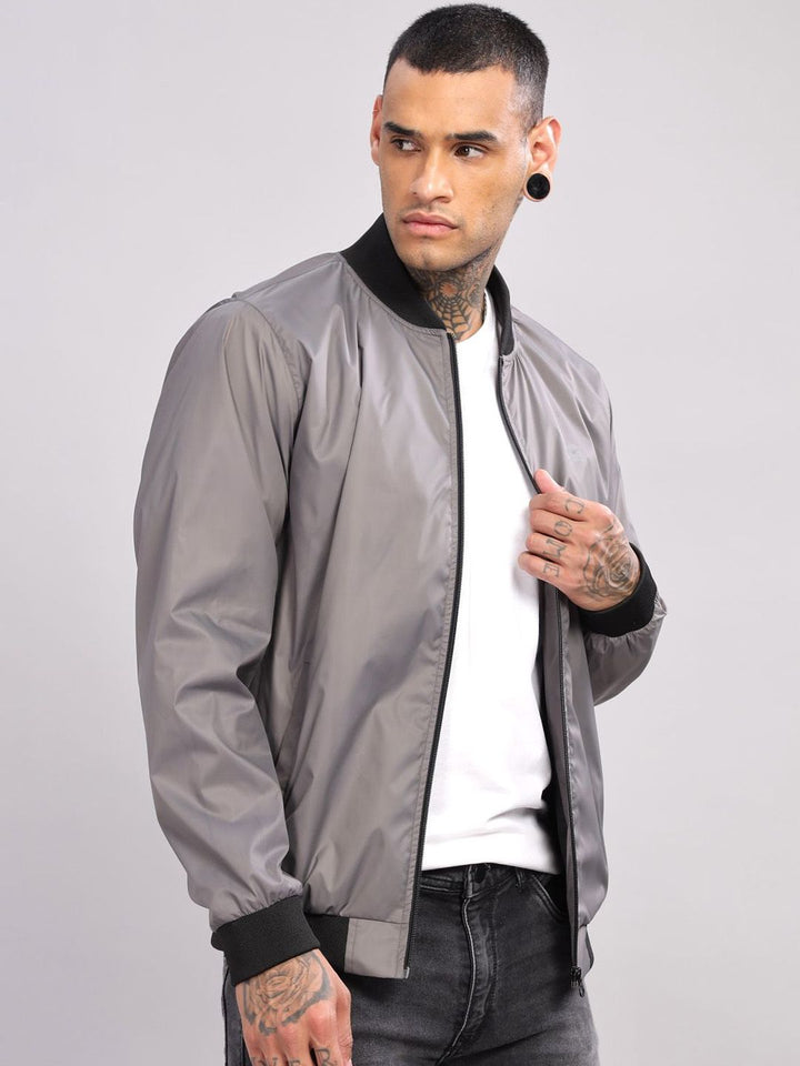 ADRO Men Stand Collar Solid Casual Bomber Jacket