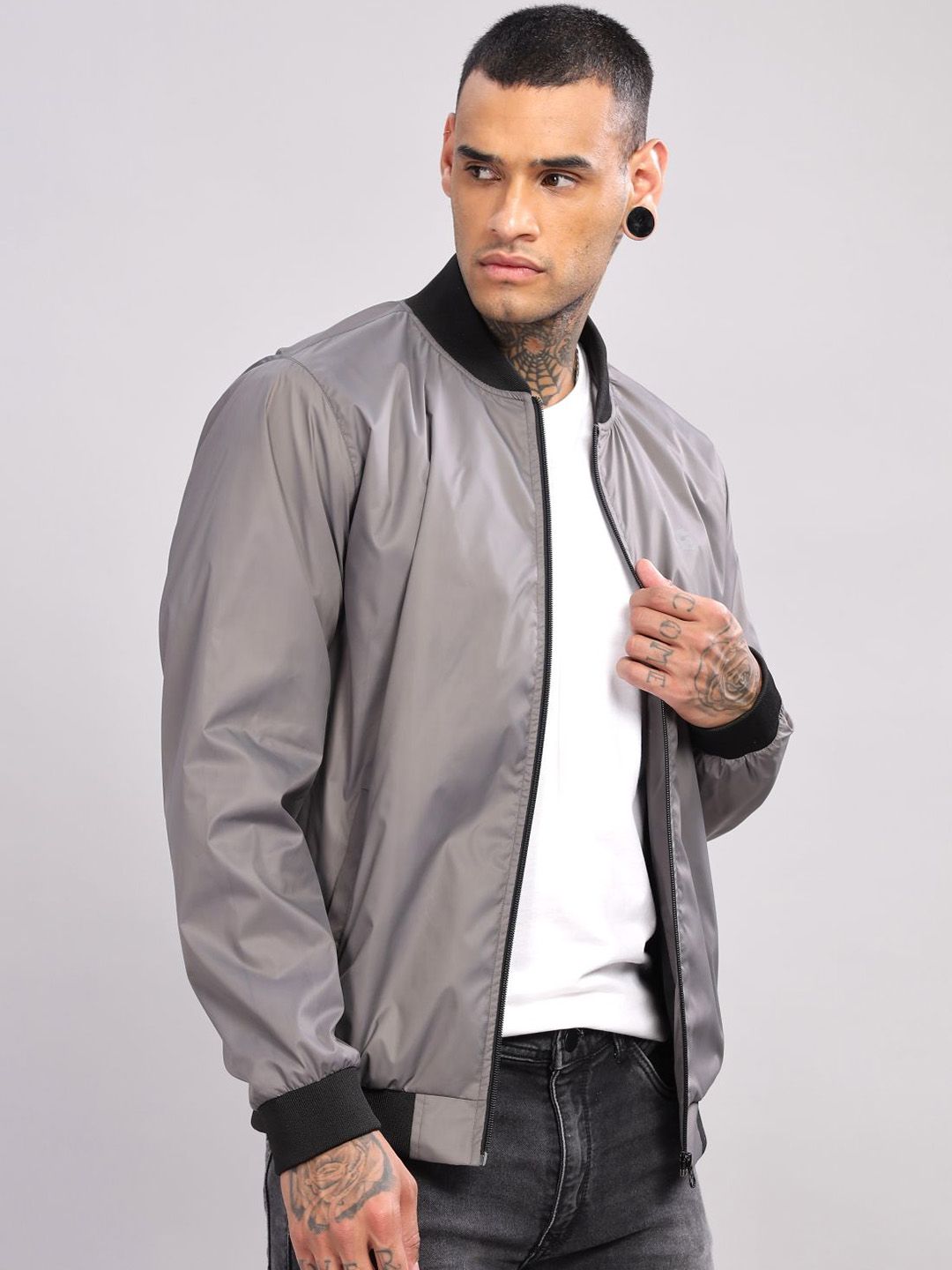 ADRO Men Stand Collar Solid Casual Bomber Jacket