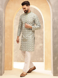 Anouk Green Floral Embroidered Mandarin Collar Kurta With Pyjama