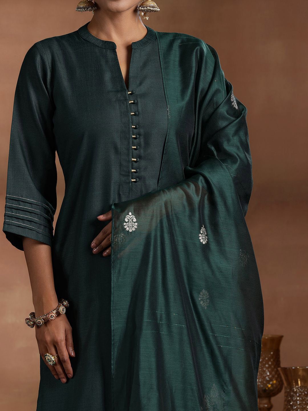 Libas Mandarin Collar Zari Straight Kurta With Salwar & Dupatta