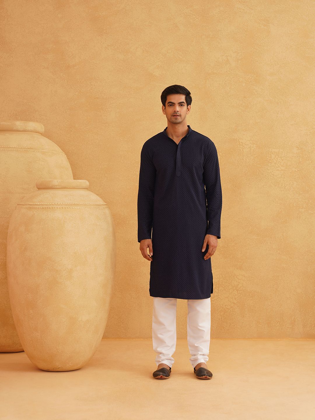 SOJANYA Geometric Embroidered Mandarin Collar Pure Cotton Straight Kurta