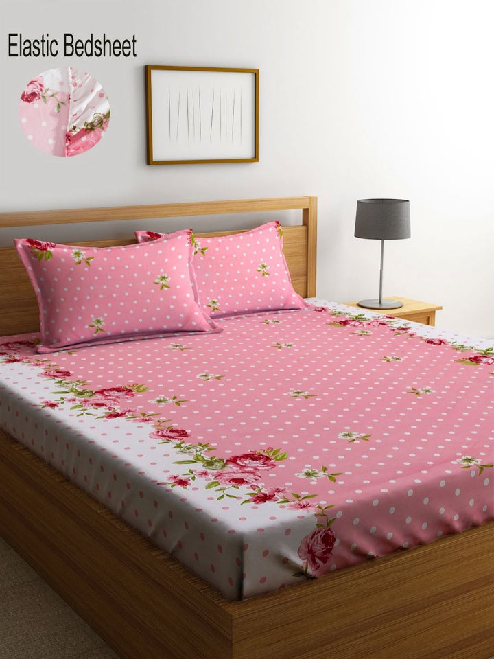 Myntra Elegant Homes Bercetak Merah Jambu & Putih Set Cadar King 300 TC 2.45 m x 2.25 m