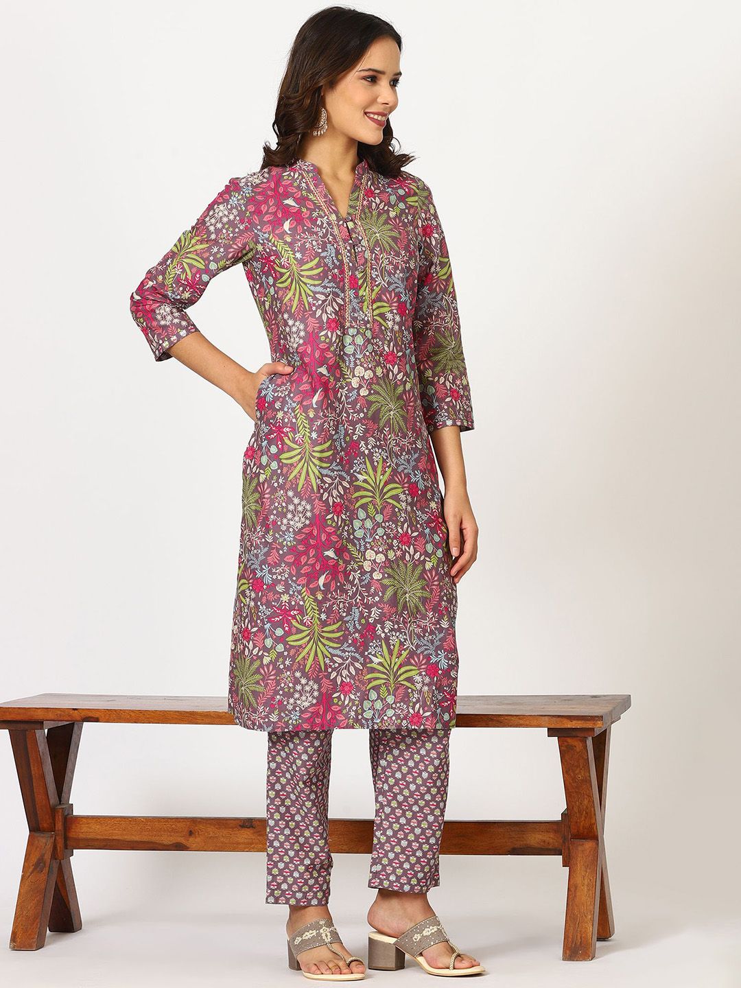 W Purple Floral Printed Three-Quarter Sleeves Pure Cotton Kurta With Trouser & Dupatta