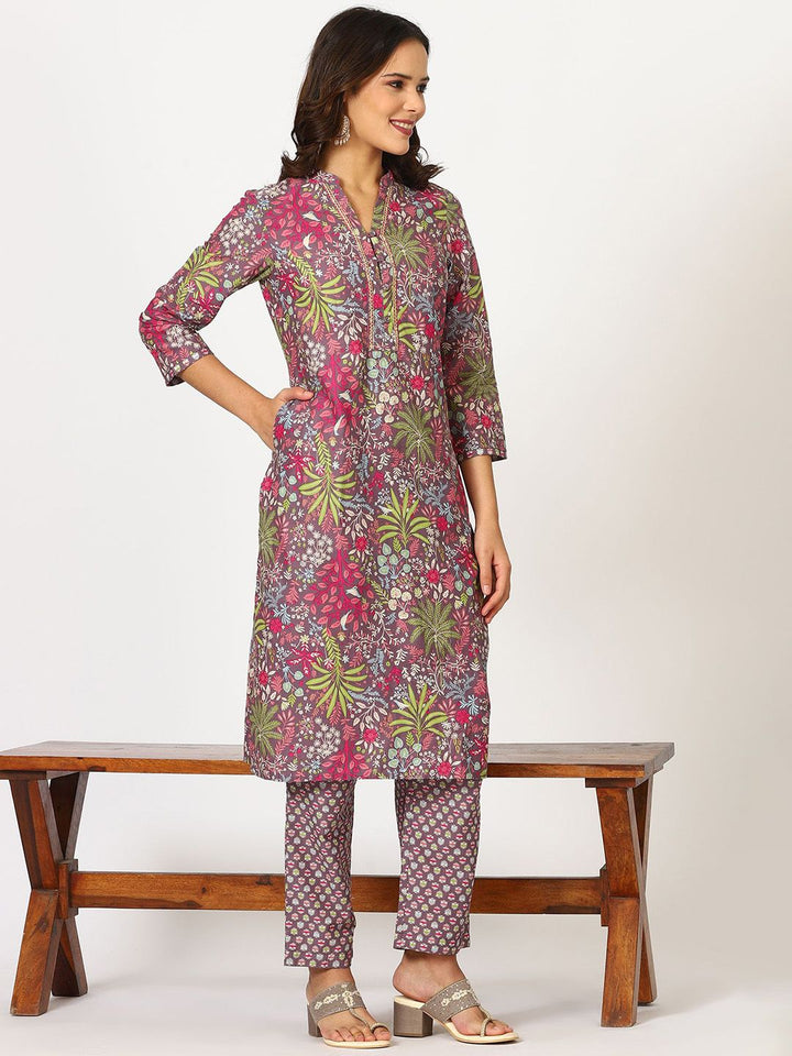 W Purple Floral Printed Three-Quarter Sleeves Pure Cotton Kurta With Trouser & Dupatta