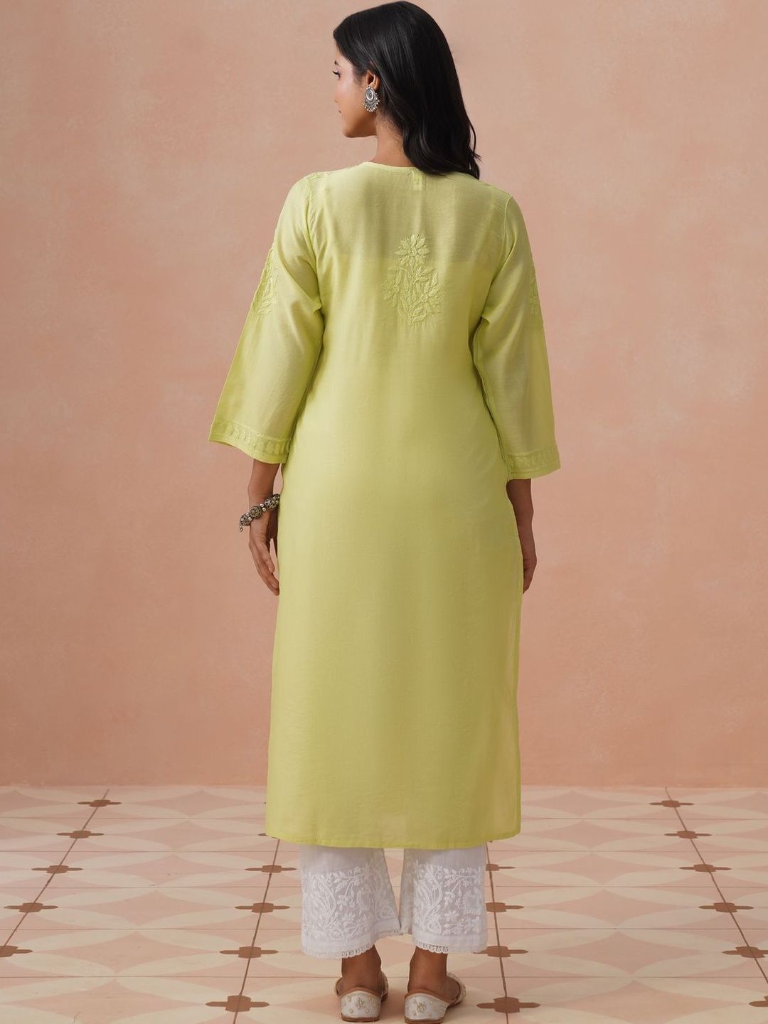 Rumah Wanita Chikankari Motif Etnik Sulam Benang Kerja Kurta